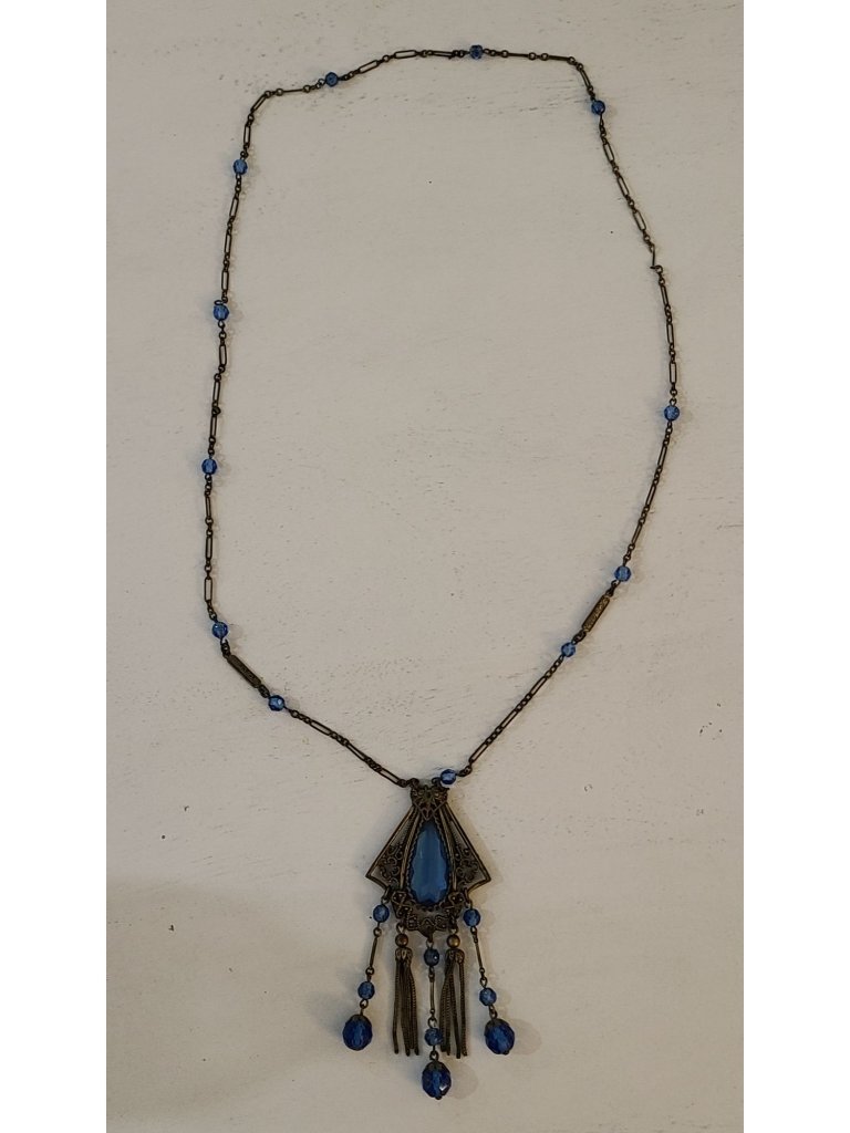 Antique Art Deco Blue Czech Glass Filigree Pendant Necklace 28